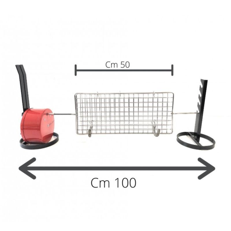 Kit girarrosto completo prodotto da Allegri girarrosti lungo 100 cm. Sulla sinistra struttura circolare rossa fuoco con due antenne nere e cavo. Al centro la griglia lunga 50 cm. Sulla destra supporto nero per poggiare lo spiedo con 4 asole
