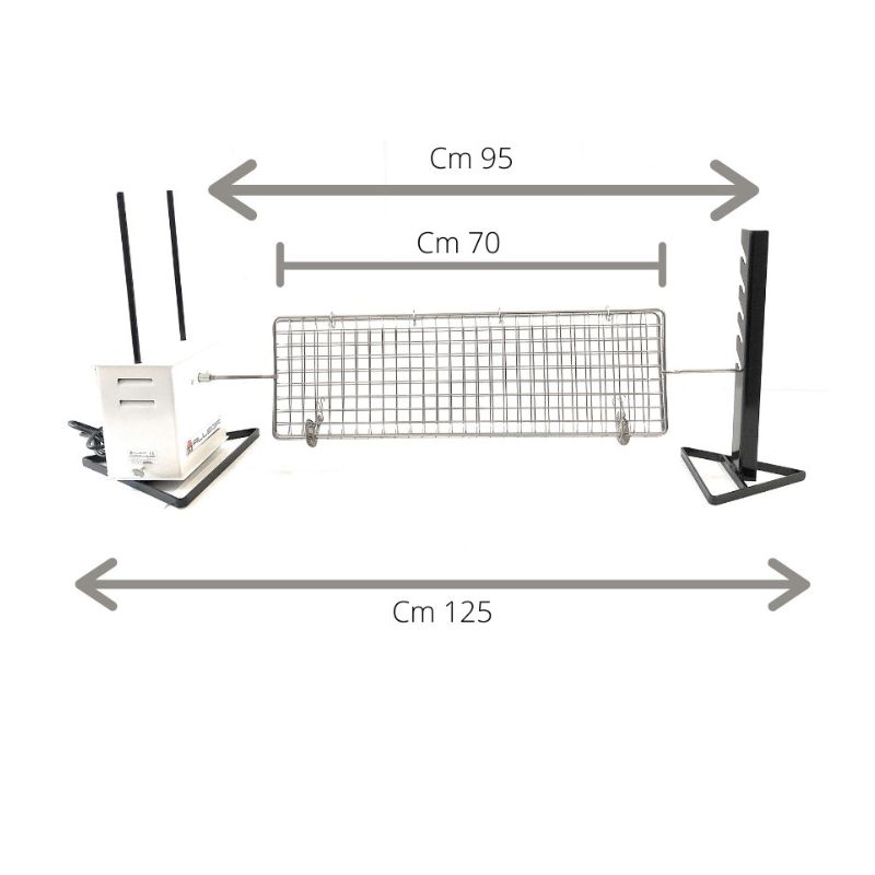 Kit girarrosto Gigante prodotto da Allegri girarrosti lungo 125 cm. Sulla sinistra struttura metallica bianca con: tasto di accensione e spegnimento, due antenne nere e cavo. Al centro la griglia lunga 70 cm, comprese di aste 95 cm. Sulla destra supporto nero per poggiare lo spiedo con 5 asole