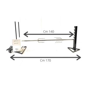 Kit girarrosto Gigante prodotto da Allegri girarrosti lungo 170 cm. Sulla sinistra struttura metallica bianca con: due antenne nere e cavo. Al centro lo spiedo lungo 140 cm. Sulla destra supporto nero per poggiare lo spiedo con 5 asole
