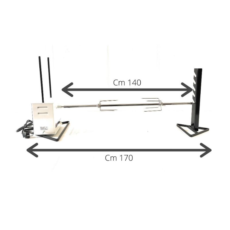 Kit girarrosto Gigante prodotto da Allegri girarrosti lungo 170 cm. Sulla sinistra struttura metallica bianca con: due antenne nere e cavo. Al centro lo spiedo lungo 140 cm. Sulla destra supporto nero per poggiare lo spiedo con 5 asole